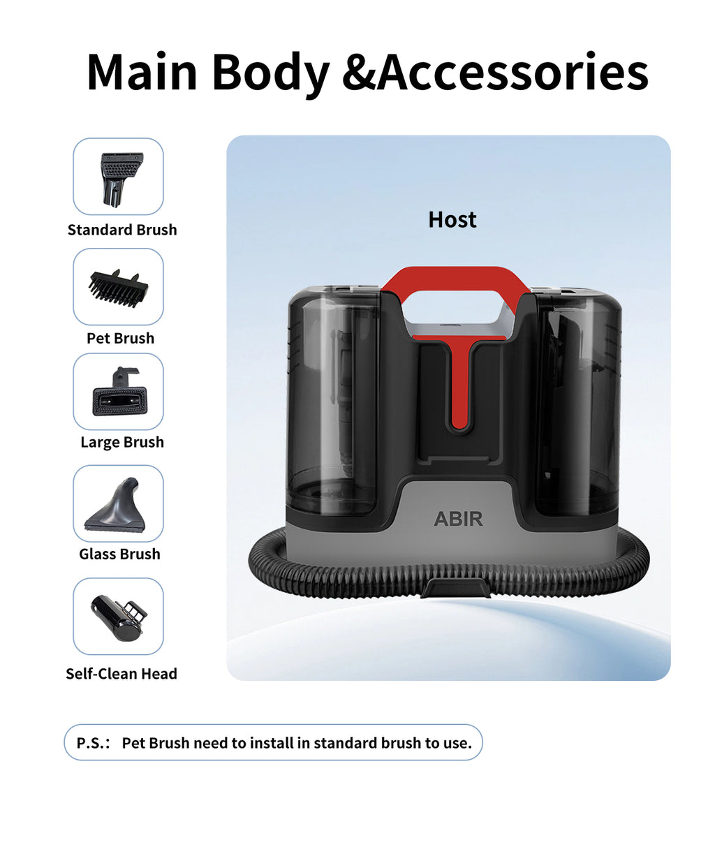 ABIR G80 Handheld Carpet Cleaner 15000Pa Wet Dry Vacuum main body accessories