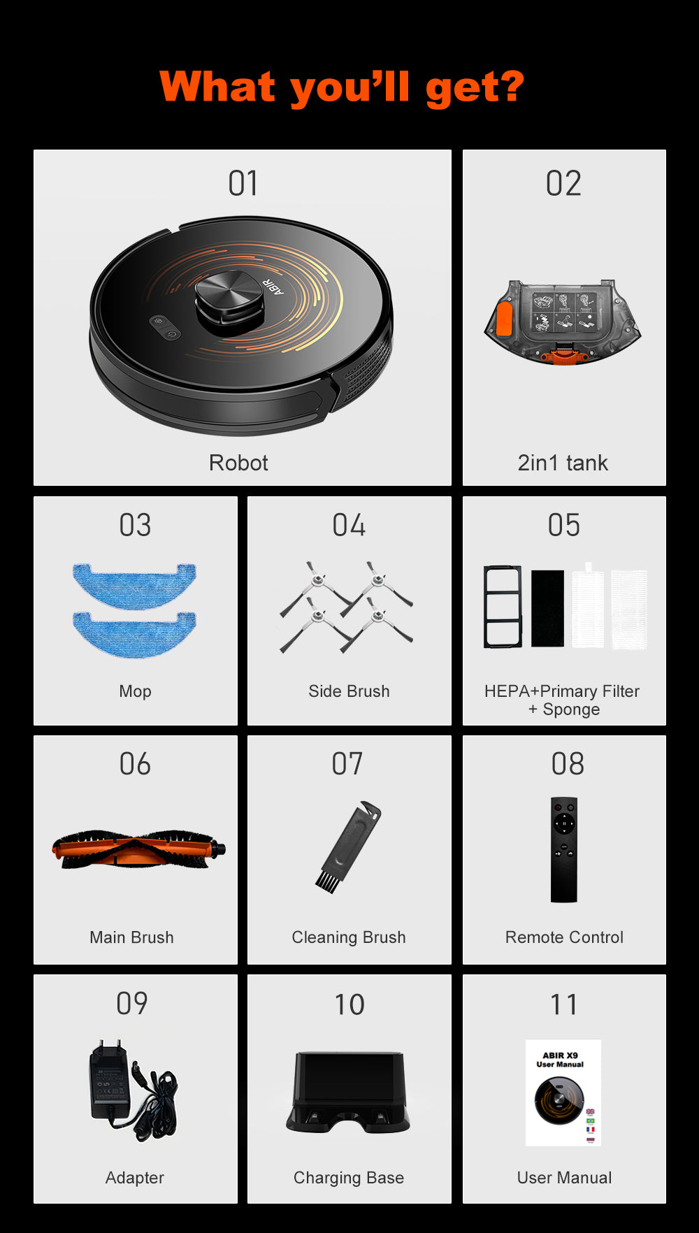 ABIR X9 Robot Vacuum Cleaner Laser Lidar UV Clean what you will get